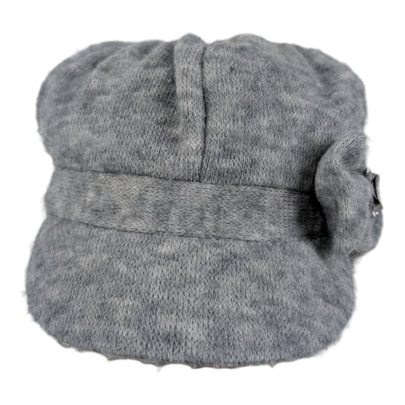 Newsboy Style Cap Gray with Bow and Button Embellishment Fuzzy Knit - Picture 2 of 5